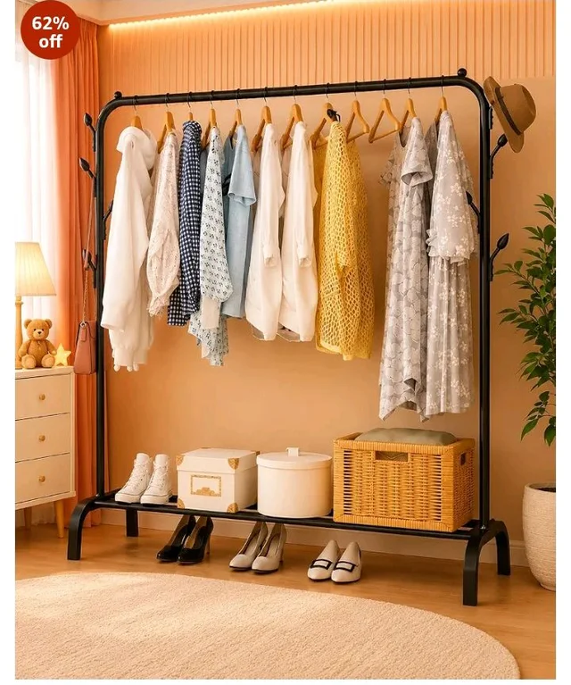 Heavy Duty Clothes Drying Stand for Clothes – Double Rod Cloth Drying Stand Metal with Wheels & Side Hooks | Foldable Clothes Rack Kapde Stand for Balcony,Bedroom,Home