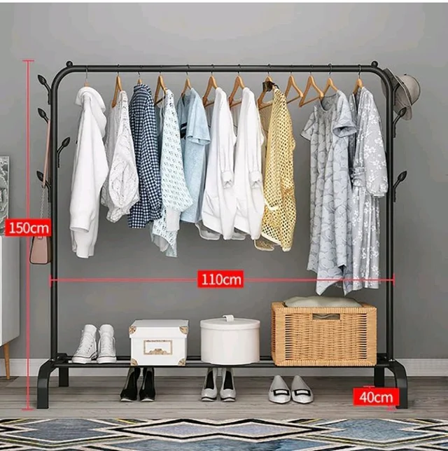 Heavy Duty Clothes Drying Stand for Clothes – Double Rod Cloth Drying Stand Metal with Wheels & Side Hooks | Foldable Clothes Rack Kapde Stand for Balcony,Bedroom,Home