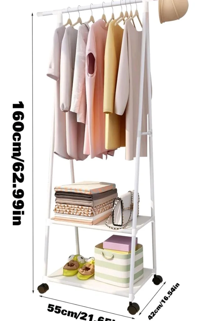 Lukzer A-Shape Metal Garment Rack with 2 Bottom Shelves, Portable Closet Organizer for Bedroom, Clothes Hanging Stand for Living Room, White - 160x55x42cm, MGR-010