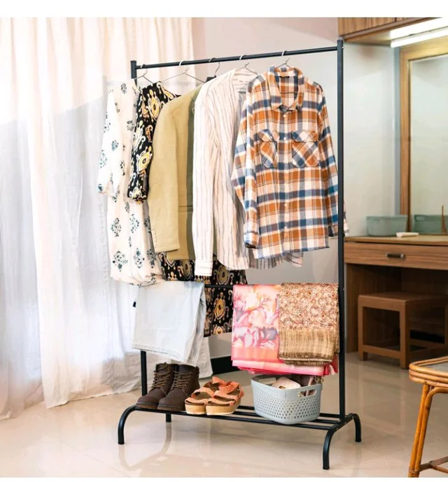 Engineering Heavy-Duty Metal Clothes Rack, Freestanding Garment Rack with Bottom Storage Shelf, Single Rail Clothing Organizer Stand for Bedroom, Entryway & Living Room, 41×94.5×161 cm