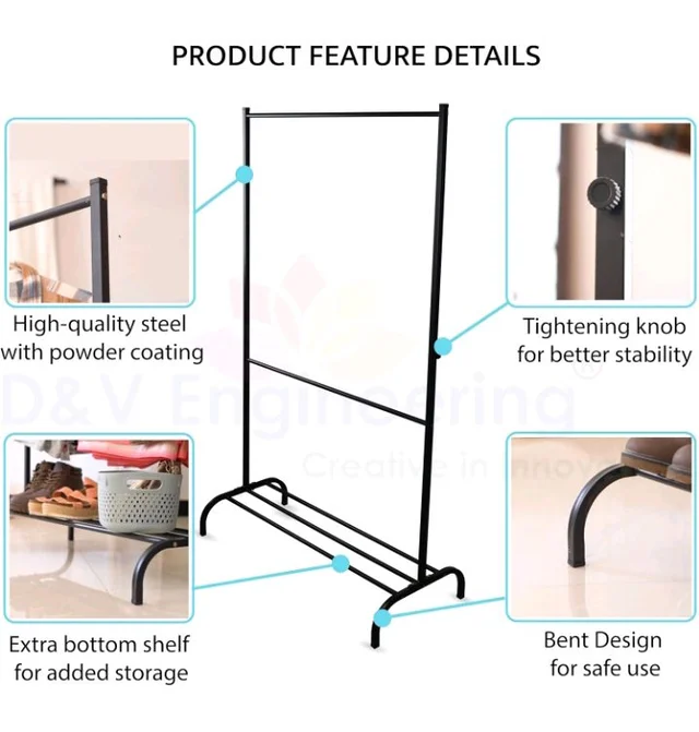 Engineering Heavy-Duty Metal Clothes Rack, Freestanding Garment Rack with Bottom Storage Shelf, Single Rail Clothing Organizer Stand for Bedroom, Entryway & Living Room, 41×94.5×161 cm