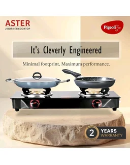 Pigeon Aster Gas Stove 2 Burner with High Powered Brass Burner, Gas Cooktop with Glass Top and Powder Coated Body, black, standard (14266) - 2 Burner, Black