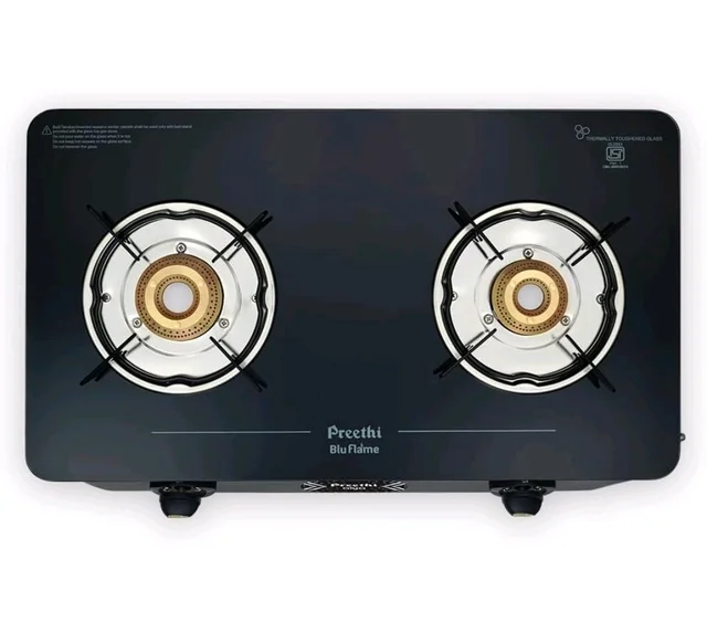 Preethi Alya 2 Burner Glass Top Gas Stove | 5-Year Warranty I 6mm Thermally Toughened Glass I Heavy Duty Brass Burners | Lifelong Free Service IISI Certified 
