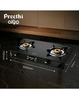 Preethi Alya 2 Burner Glass Top Gas Stove | 5-Year Warranty I 6mm Thermally Toughened Glass I Heavy Duty Brass Burners | Lifelong Free Service IISI Certified - 2 Burner, Black