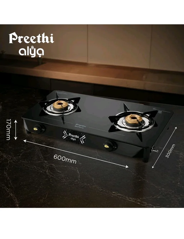Preethi Alya 2 Burner Glass Top Gas Stove | 5-Year Warranty I 6mm Thermally Toughened Glass I Heavy Duty Brass Burners | Lifelong Free Service IISI Certified - 2 Burner, Black