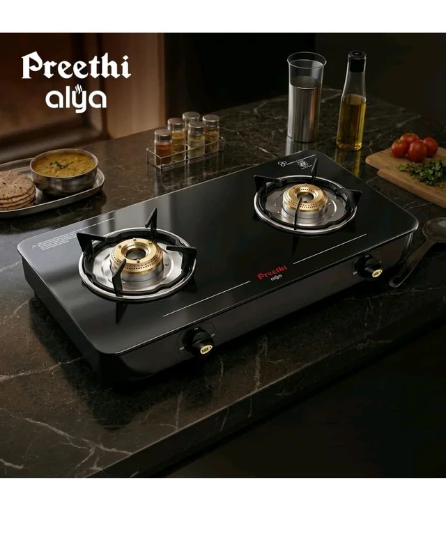 Preethi Alya 2 Burner Glass Top Gas Stove | 5-Year Warranty I 6mm Thermally Toughened Glass I Heavy Duty Brass Burners | Lifelong Free Service IISI Certified - 2 Burner, Black