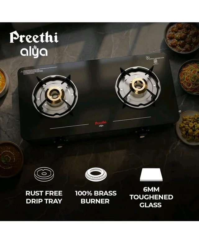 Preethi Alya 2 Burner Glass Top Gas Stove | 5-Year Warranty I 6mm Thermally Toughened Glass I Heavy Duty Brass Burners | Lifelong Free Service IISI Certified - 2 Burner, Black