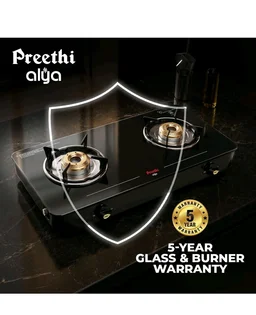 Preethi Alya 2 Burner Glass Top Gas Stove | 5-Year Warranty I 6mm Thermally Toughened Glass I Heavy Duty Brass Burners | Lifelong Free Service IISI Certified - 2 Burner, Black