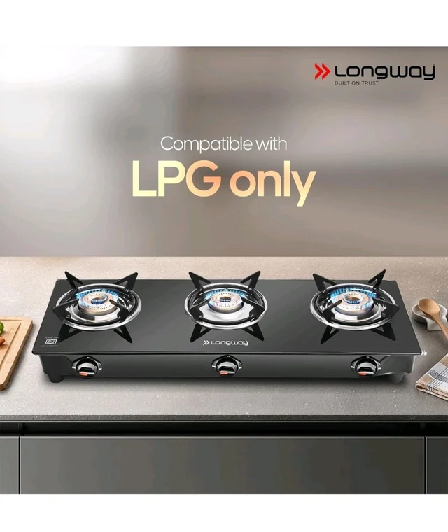 Longway Furn Glass Top | 3 Burner Auto Ignition Glass Gas Stove | ISI Certified with 2 Years Warranty (Black)