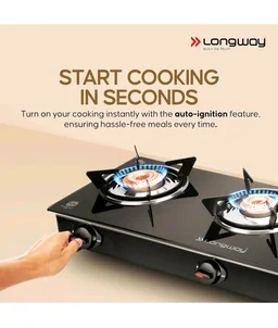 Longway Furn Glass Top | 3 Burner Auto Ignition Glass Gas Stove | ISI Certified with 2 Years Warranty (Black) - 3B