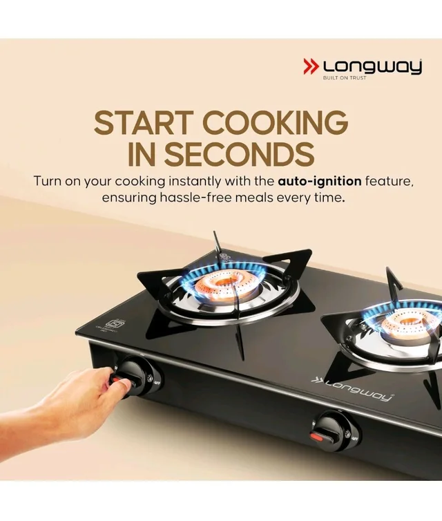 Longway Furn Glass Top | 3 Burner Auto Ignition Glass Gas Stove | ISI Certified with 2 Years Warranty (Black) - 3B