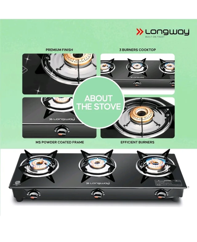 Longway Furn Glass Top | 3 Burner Auto Ignition Glass Gas Stove | ISI Certified with 2 Years Warranty (Black) - 3B