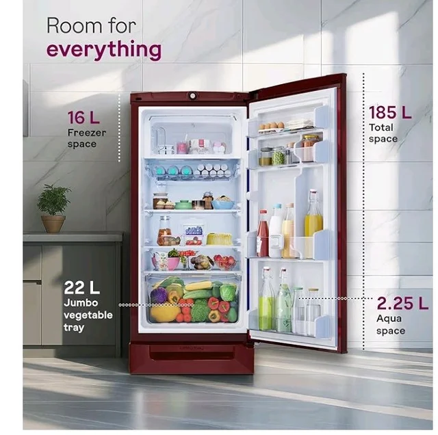 Godrej 185L 4 Star with 5 Years Comprehensive Warranty 24 Days Farm Freshness, Jumbo Vegetable Tray, Dry Storage Drawer, Inverter Technology Single Door Refrigerator (RD 195DN TDI MY WN, Mystic Wine)
