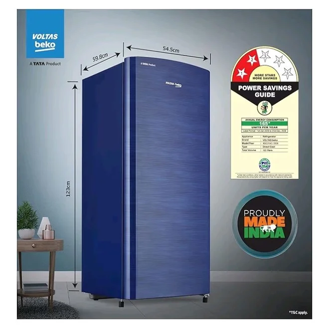 Voltas Beko, A Tata Product 183 L, 2-Star Single Door Direct Cool Refrigerator with Fresh Box Technology (RDC215C / 2S0XER0M0000GO, Hairline Blue)