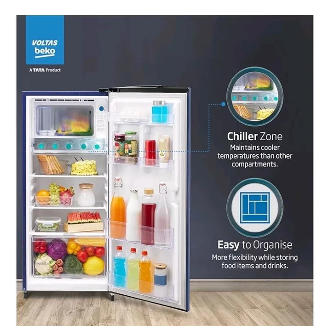 Voltas Beko, A Tata Product 183 L, 2-Star Single Door Direct Cool Refrigerator with Fresh Box Technology (RDC215C / 2S0XER0M0000GO, Hairline Blue)