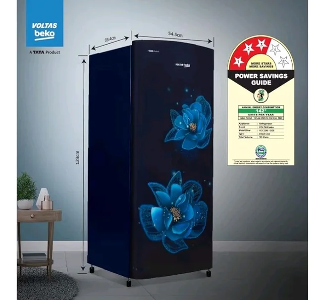 Voltas Beko, A Tata Product 183 L, 3-Star Single Door Direct Cool Refrigerator with Fresh Box Technology (RDC215B / 3S0BFR0M0000GO, Fressia Blue)