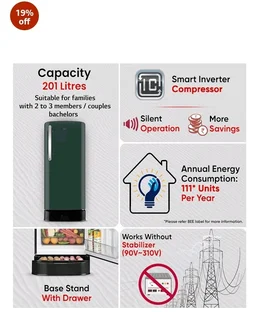 LG 201 L, 5 Star, Smart Inverter, Direct Cool Single Door Refrigerator (GLD2156ZHEG, Emerald Green, Base stand with Drawer)