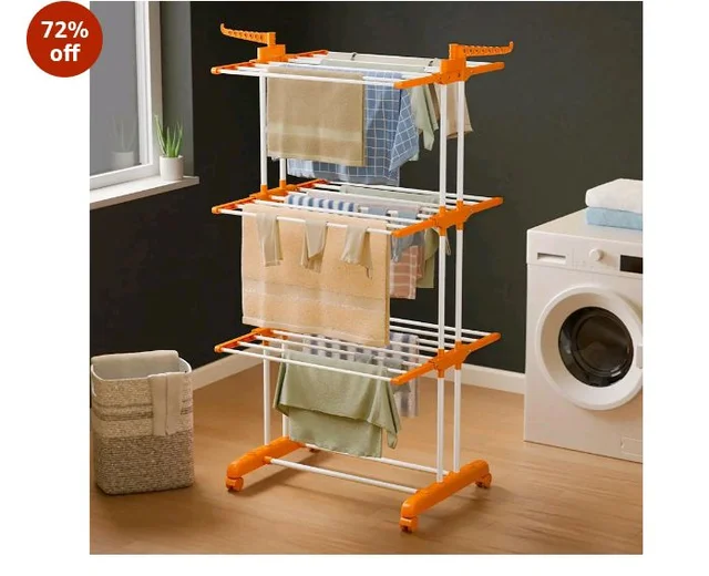 Happer Premium Clothes Stand for Drying with Wheels | Portable | 3 Layer Rack for Balcony | Foldable Wings | 24 Hanger Rods | Anti Rust Steel Metal (Orange | Prince Jumbo)