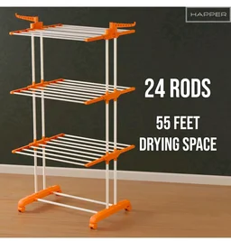 Happer Premium Clothes Stand for Drying with Wheels | Portable | 3 Layer Rack for Balcony | Foldable Wings | 24 Hanger Rods | Anti Rust Steel Metal (Orange | Prince Jumbo)