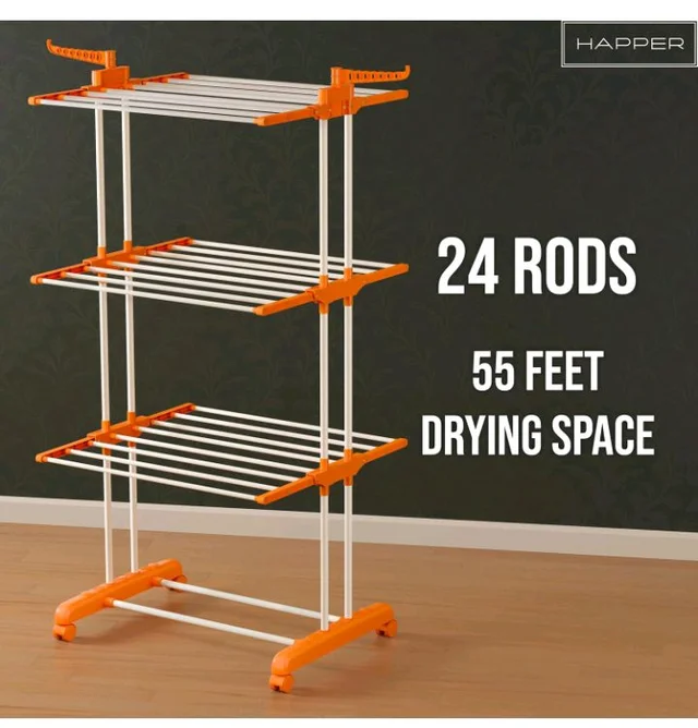 Happer Premium Clothes Stand for Drying with Wheels | Portable | 3 Layer Rack for Balcony | Foldable Wings | 24 Hanger Rods | Anti Rust Steel Metal (Orange | Prince Jumbo)