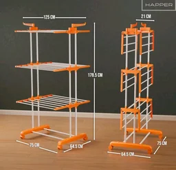 Happer Premium Clothes Stand for Drying with Wheels | Portable | 3 Layer Rack for Balcony | Foldable Wings | 24 Hanger Rods | Anti Rust Steel Metal (Orange | Prince Jumbo)