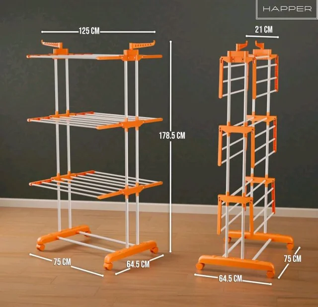 Happer Premium Clothes Stand for Drying with Wheels | Portable | 3 Layer Rack for Balcony | Foldable Wings | 24 Hanger Rods | Anti Rust Steel Metal (Orange | Prince Jumbo)