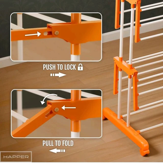 Happer Premium Clothes Stand for Drying with Wheels | Portable | 3 Layer Rack for Balcony | Foldable Wings | 24 Hanger Rods | Anti Rust Steel Metal (Orange | Prince Jumbo)