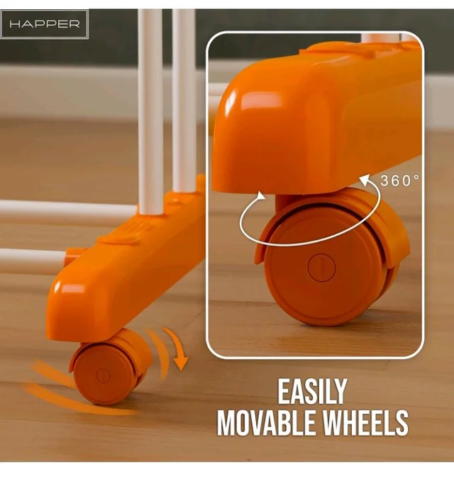 Happer Premium Clothes Stand for Drying with Wheels | Portable | 3 Layer Rack for Balcony | Foldable Wings | 24 Hanger Rods | Anti Rust Steel Metal (Orange | Prince Jumbo)