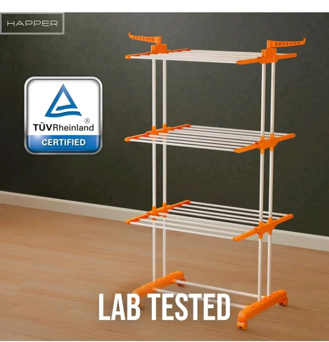 Happer Premium Clothes Stand for Drying with Wheels | Portable | 3 Layer Rack for Balcony | Foldable Wings | 24 Hanger Rods | Anti Rust Steel Metal (Orange | Prince Jumbo)