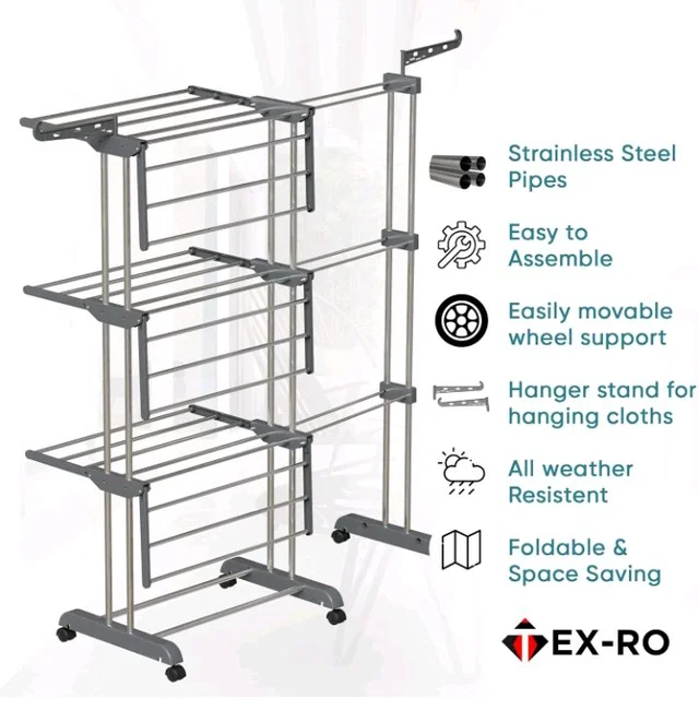-RO Expandable Clothes Drying Stand for Home|Cloth Dryer Stand with Wheel|Cloth Stand for Drying Clothes Foldable|Stainless Steel Clothes Hanging Stand|Cloth Rack for Balcony(3 Layer, Grey)
700+ bought in past month
39%
off