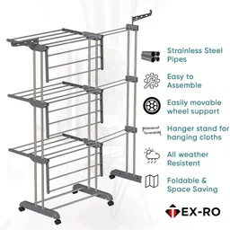 -RO Expandable Clothes Drying Stand for Home|Cloth Dryer Stand with Wheel|Cloth Stand for Drying Clothes Foldable|Stainless Steel Clothes Hanging Stand|Cloth Rack for Balcony(3 Layer, Grey)
700+ bought in past month
39%
off