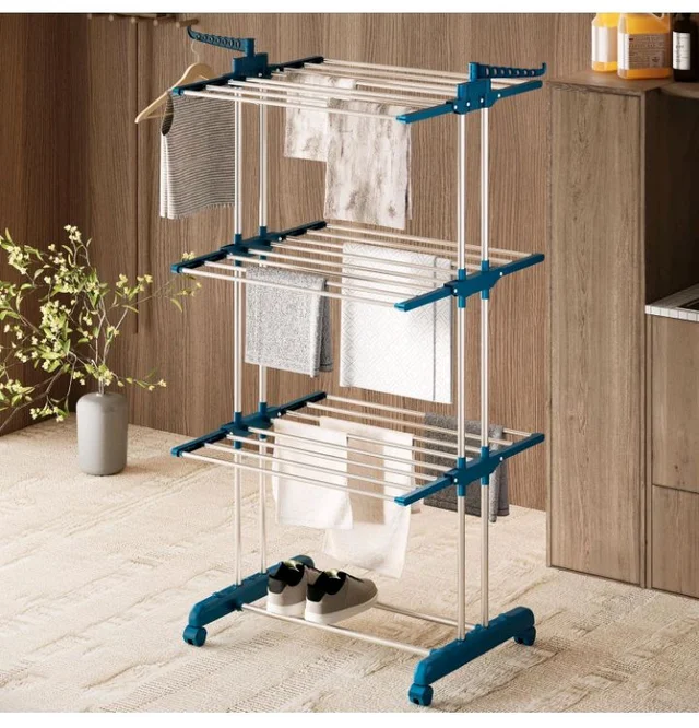 Cloth Drying Rack | Foldable and Movable | Silver & Teal | Iron, Plastic |