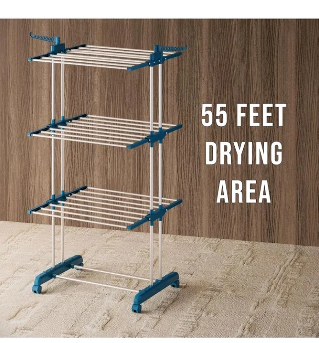 Cloth Drying Rack | Foldable and Movable | Silver & Teal | Iron, Plastic |