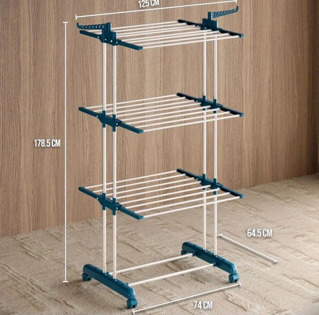 Cloth Drying Rack | Foldable and Movable | Silver & Teal | Iron, Plastic |