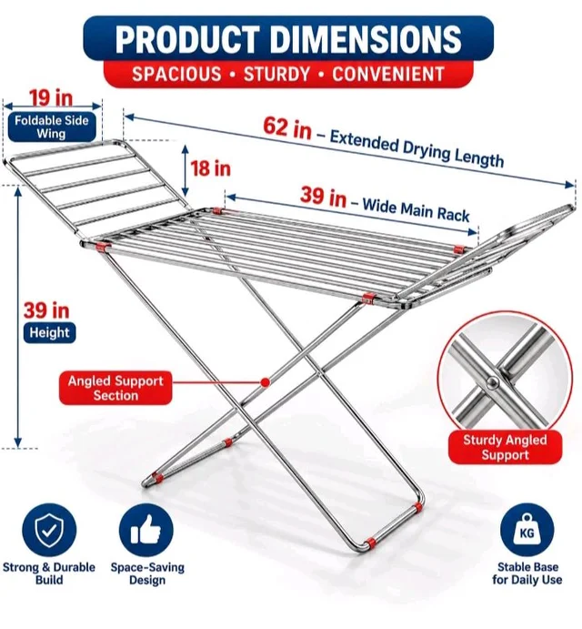 Purnima Marketing Stainless Steel Foldable Clothes Stand for Drying Double Rack Cloth Stands for Drying/Cloth Drying standSteel (Cross) (Square