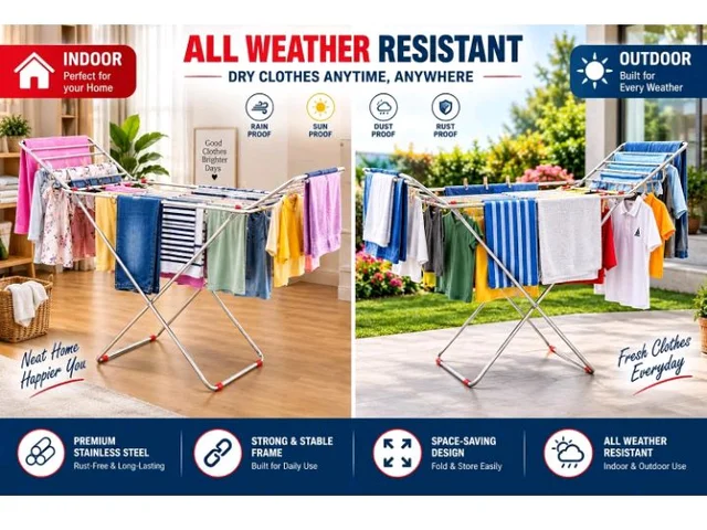 Purnima Marketing Stainless Steel Foldable Clothes Stand for Drying Double Rack Cloth Stands for Drying/Cloth Drying standSteel (Cross) (Square