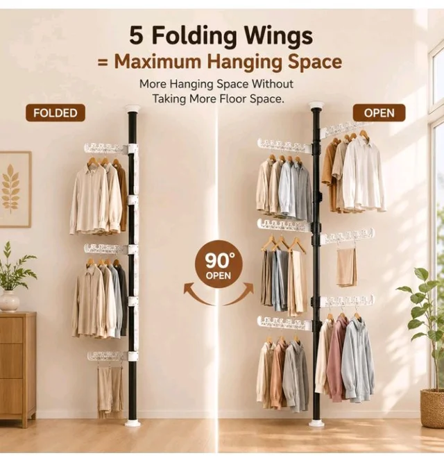 Homero Clothes Drying Stand for Balcony, Heavy Duty Telescopic Clothes Rack, 5 Folding Wings, Height Adjustable 3ft - 10ft, Space Saving Corner Hanger
50%
off