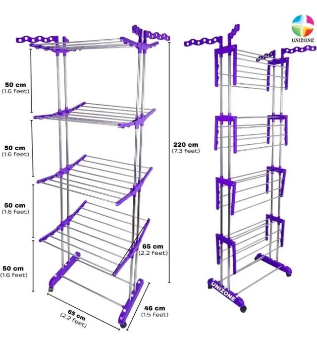 UNIZONE Oversized 4-Tier Clothes Drying Rack (86" High) Foldable Stainless Steel Laundry Stand with 32 Rods, 24 Side Hooks & 4 Castor Wheels Movable Rack for Clothing, Bed Linen, Towels