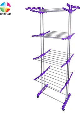 UNIZONE Oversized 4-Tier Clothes Drying Rack (86" High) Foldable Stainless Steel Laundry Stand with 32 Rods, 24 Side Hooks & 4 Castor Wheels Movable Rack for Clothing, Bed Linen, Towels
