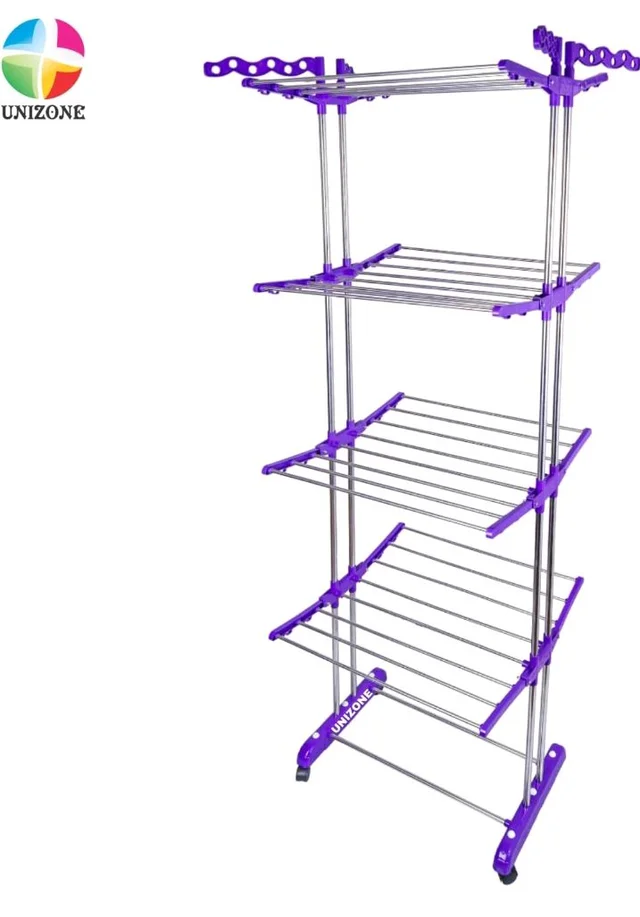UNIZONE Oversized 4-Tier Clothes Drying Rack (86" High) Foldable Stainless Steel Laundry Stand with 32 Rods, 24 Side Hooks & 4 Castor Wheels Movable Rack for Clothing, Bed Linen, Towels