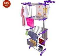 UNIZONE Oversized 4-Tier Clothes Drying Rack (86" High) Foldable Stainless Steel Laundry Stand with 32 Rods, 24 Side Hooks & 4 Castor Wheels Movable Rack for Clothing, Bed Linen, Towels