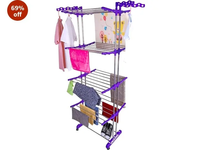 UNIZONE Oversized 4-Tier Clothes Drying Rack (86" High) Foldable Stainless Steel Laundry Stand with 32 Rods, 24 Side Hooks & 4 Castor Wheels Movable Rack for Clothing, Bed Linen, Towels