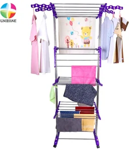 UNIZONE Oversized 4-Tier Clothes Drying Rack (86" High) Foldable Stainless Steel Laundry Stand with 32 Rods, 24 Side Hooks & 4 Castor Wheels Movable Rack for Clothing, Bed Linen, Towels