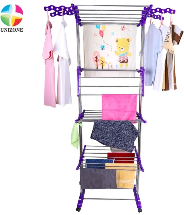UNIZONE Oversized 4-Tier Clothes Drying Rack (86" High) Foldable Stainless Steel Laundry Stand with 32 Rods, 24 Side Hooks & 4 Castor Wheels Movable Rack for Clothing, Bed Linen, Towels