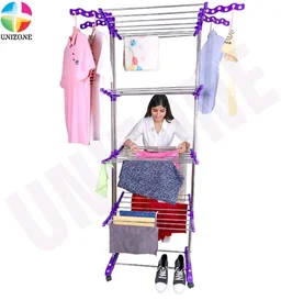 UNIZONE Oversized 4-Tier Clothes Drying Rack (86" High) Foldable Stainless Steel Laundry Stand with 32 Rods, 24 Side Hooks & 4 Castor Wheels Movable Rack for Clothing, Bed Linen, Towels