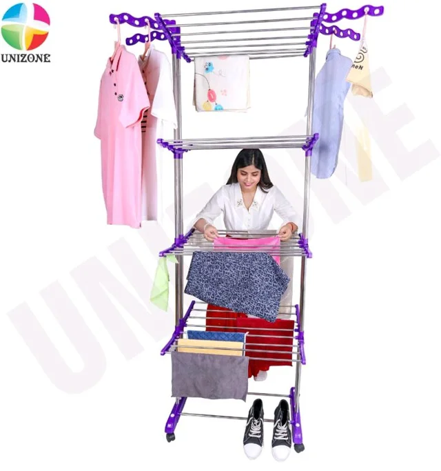 UNIZONE Oversized 4-Tier Clothes Drying Rack (86" High) Foldable Stainless Steel Laundry Stand with 32 Rods, 24 Side Hooks & 4 Castor Wheels Movable Rack for Clothing, Bed Linen, Towels