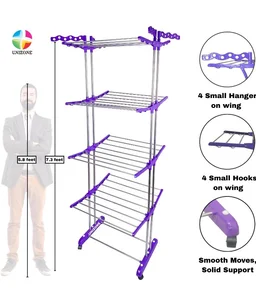 UNIZONE Oversized 4-Tier Clothes Drying Rack (86" High) Foldable Stainless Steel Laundry Stand with 32 Rods, 24 Side Hooks & 4 Castor Wheels Movable Rack for Clothing, Bed Linen, Towels