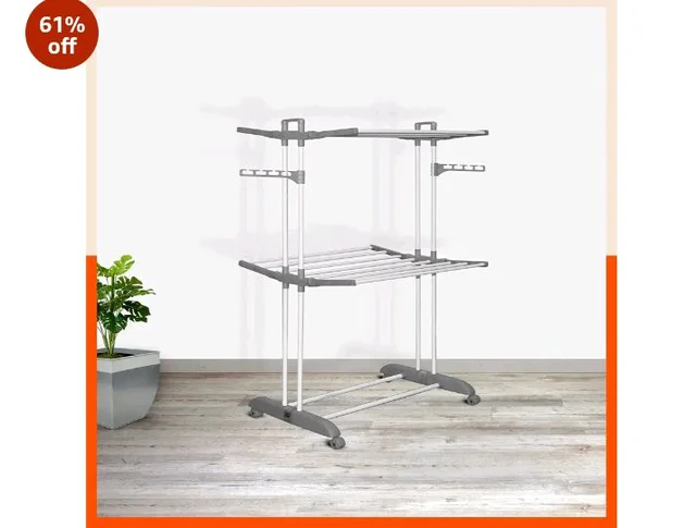 Bathla 2 Level Modular Cloth Drying Stand with Wheels - Rustproof Portable Steel Laundry Rack (Grey - Medium) - Clothes Dryer for Balcony, Indoor & Outdoor Use