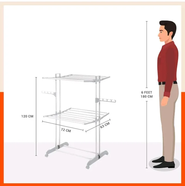Bathla 2 Level Modular Cloth Drying Stand with Wheels - Rustproof Portable Steel Laundry Rack (Grey - Medium) - Clothes Dryer for Balcony, Indoor & Outdoor Use