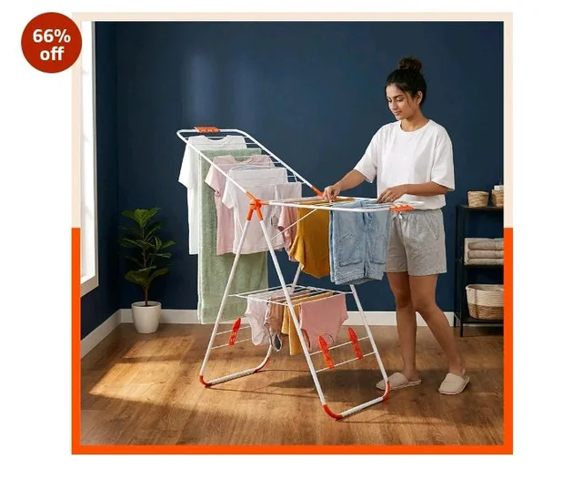 Bathla Foldable Cloth Drying Stand - Neo | 26 Drying Rails | Weather Resistant Alloy Steel Laundry Rack | Lightweight Clothes Dryer Stand for Home & Balcony | 2 Year Warranty (Bright Orange)
300+ bought in past month
